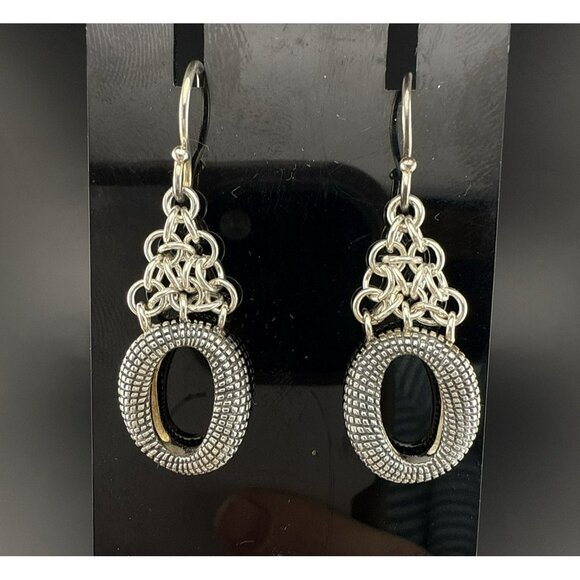 Michael Dawkins Earrings Sterling Silver Pebbled Granulated Link Dangle Drop 925 - Picture 2 of 13